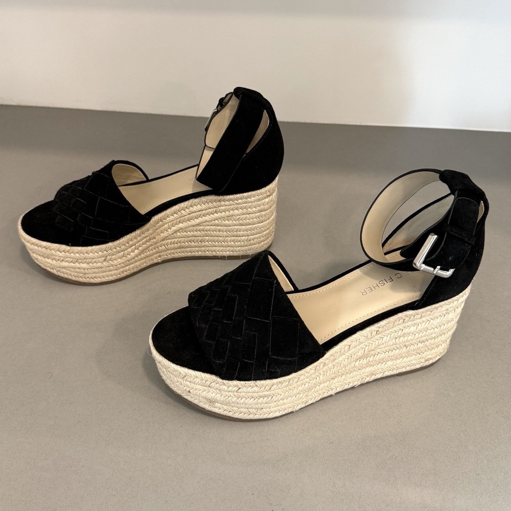 Marc Fisher Vixta Espadrille 8 Black Platform Boho Capsule Suede Resort Chunky